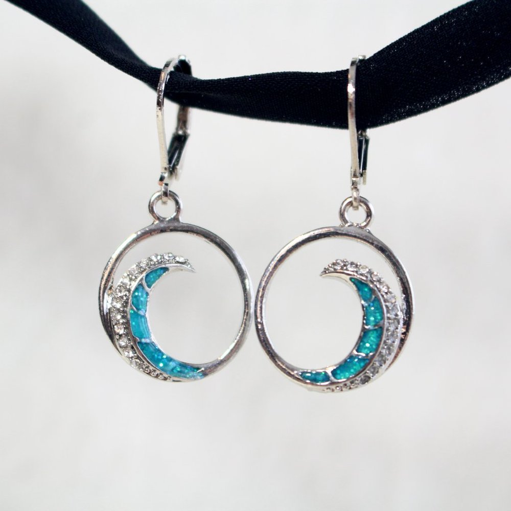 Sterling Silver Blue Opal Circle Ocean Wave Simulated Diamond Earrings